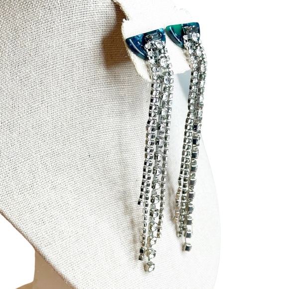 Art Deco Style Rhinestone Fringe Long Green Marbled Acrylic Earrings - Picture 3 of 7